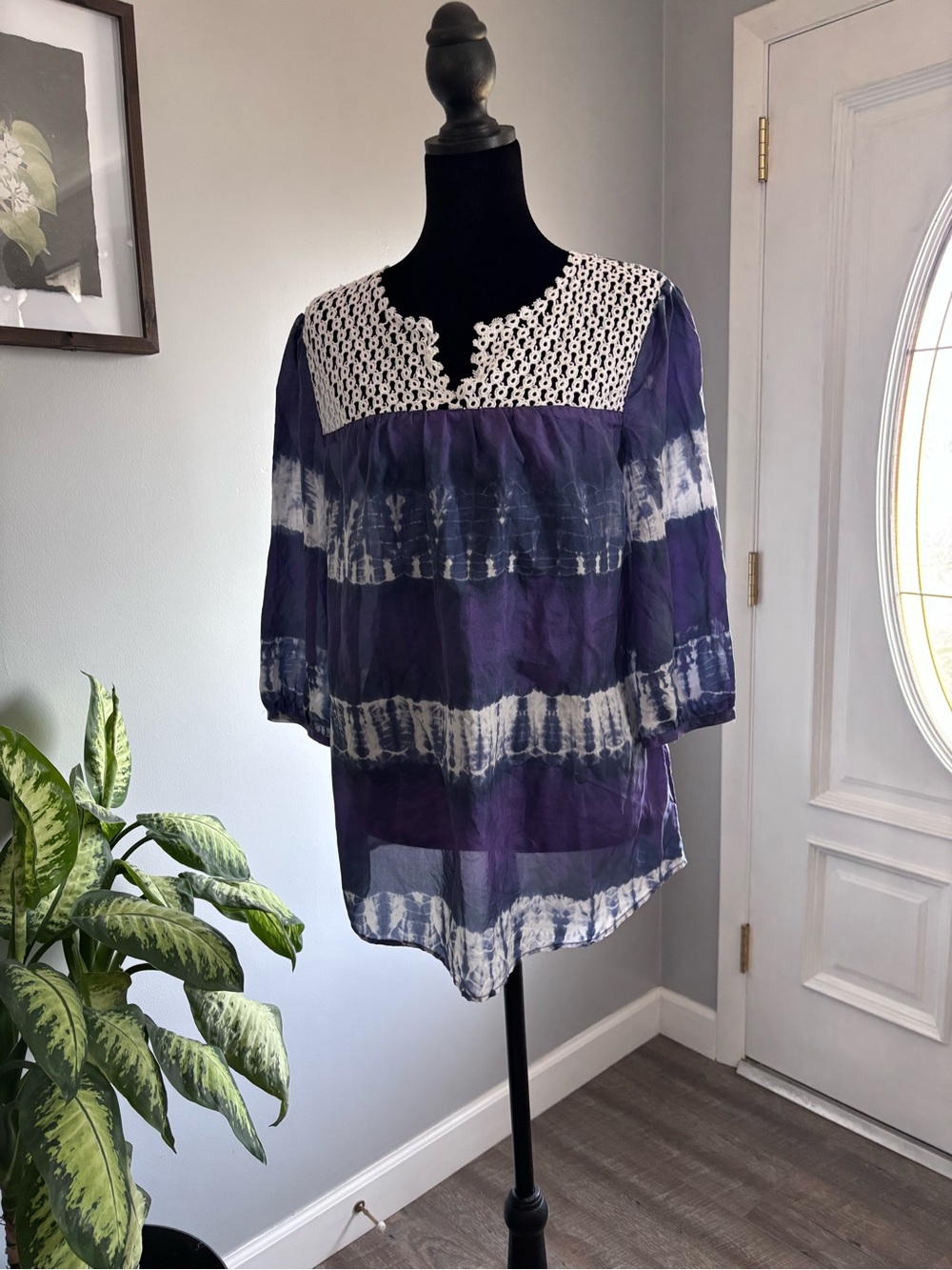 Calypso St. Barth Purple and White Tie-Dye Peasant Tunic with Crochet Yoke